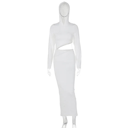 Hooded Long Sleeve Waist Cut Out Bodycon Maxi Dress