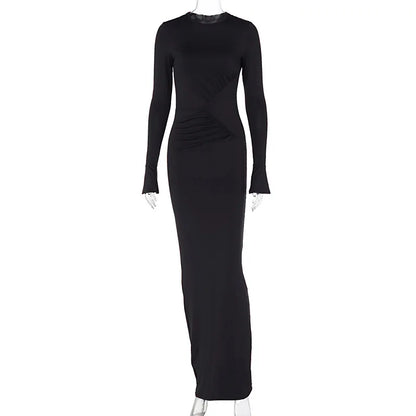 Crew Neck Padded Shoulder Long Sleeve Side Ruched Waist Inset Midi Dress