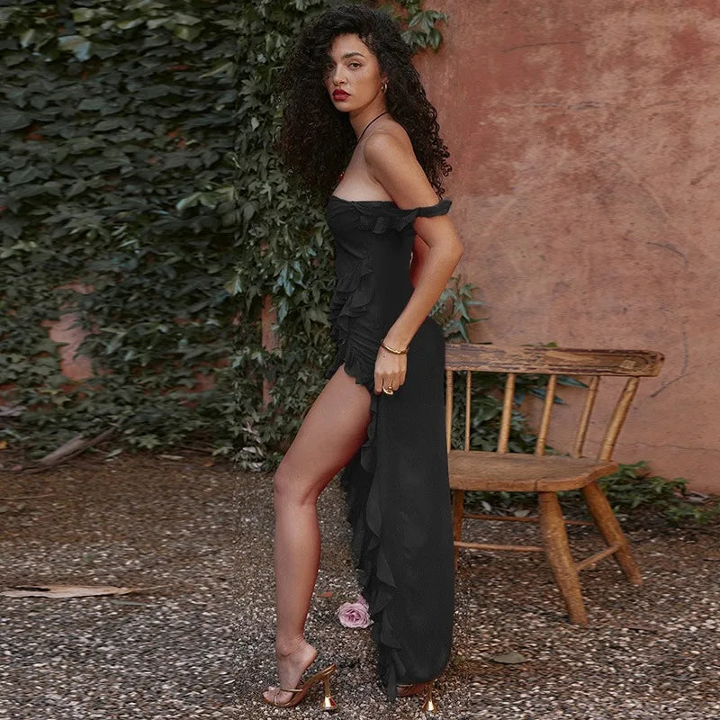 Ruffle Strap Square Neck Diagonal Cascade Ruffle High Slit Maxi Dress