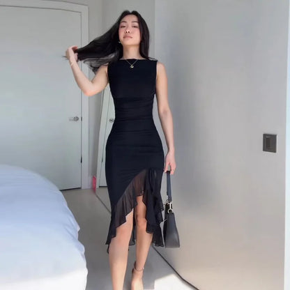 Boat Neck Sleeveless Bodycon Asymmetric Ruffle Hem Midi Dress