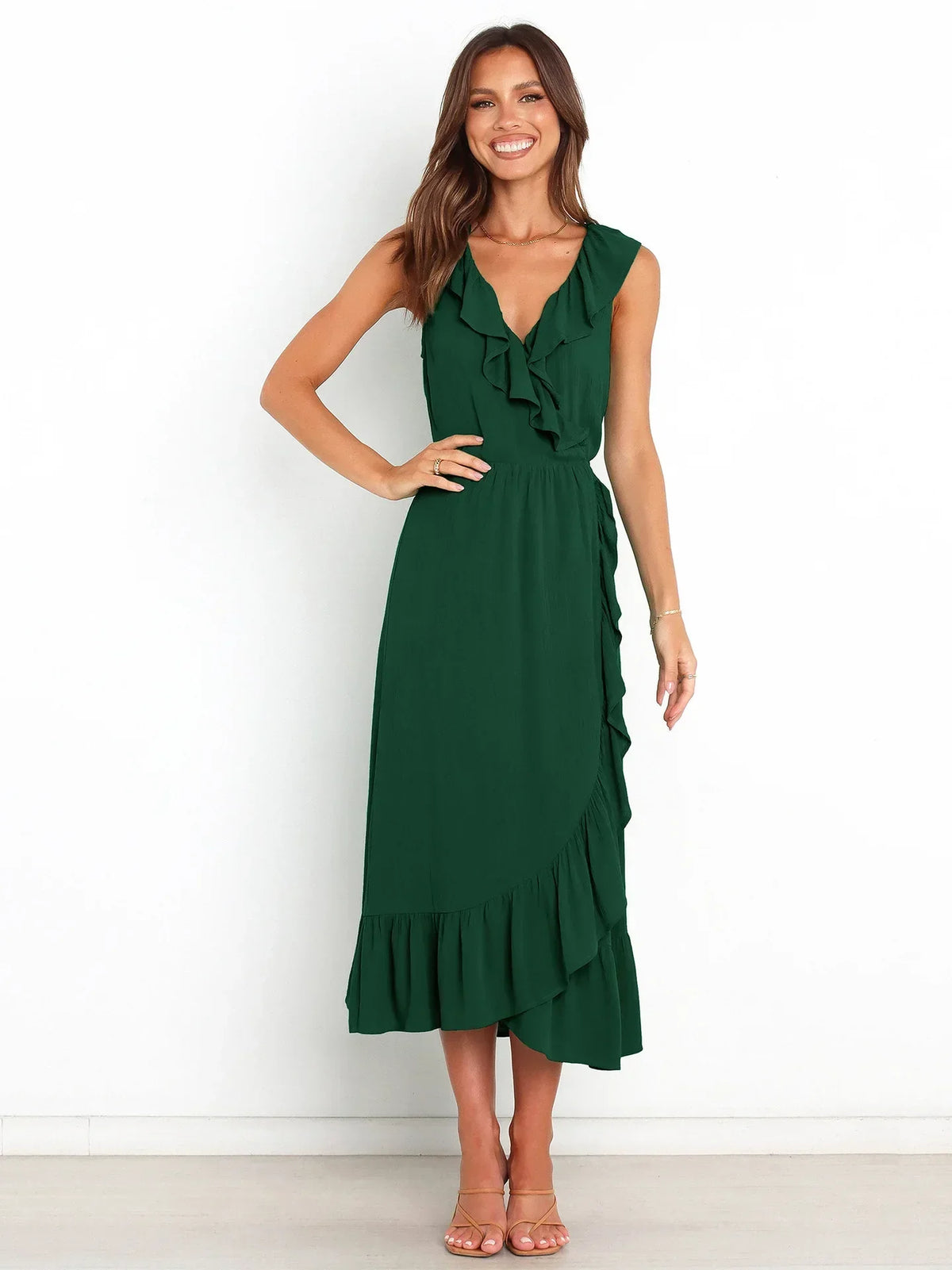 Ruffle Trim V-Neck Wrap Style Tiered Ruffle Hem Midi Dress