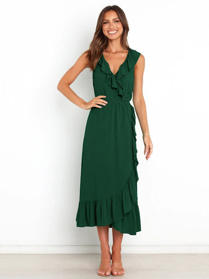 Ruffle Trim V-Neck Wrap Style Tiered Ruffle Hem Midi Dress