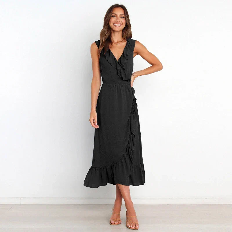 Ruffle Trim V-Neck Wrap Style Tiered Ruffle Hem Midi Dress