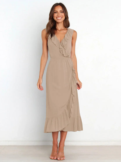 Ruffle Trim Wrap Front Sleeveless Ruffled Hem Midi Dress