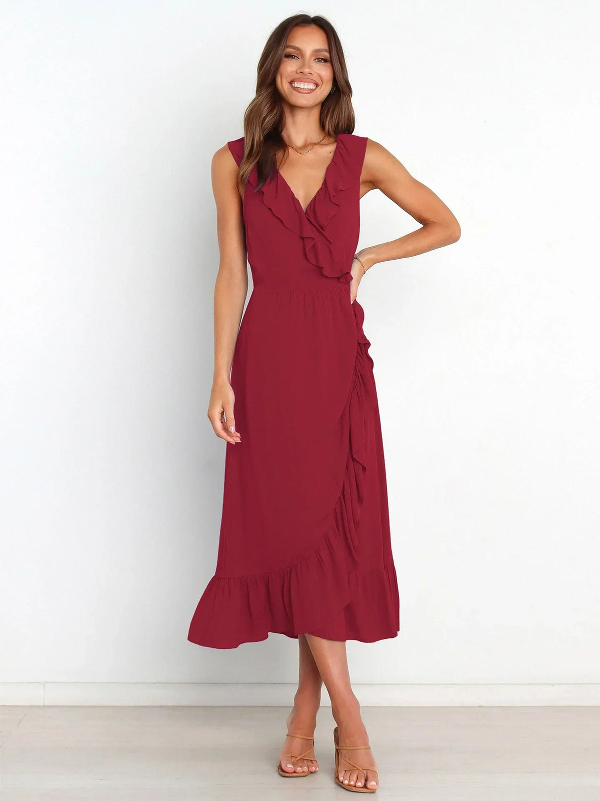Ruffle Trim V-Neck Wrap Style Tiered Ruffle Hem Midi Dress