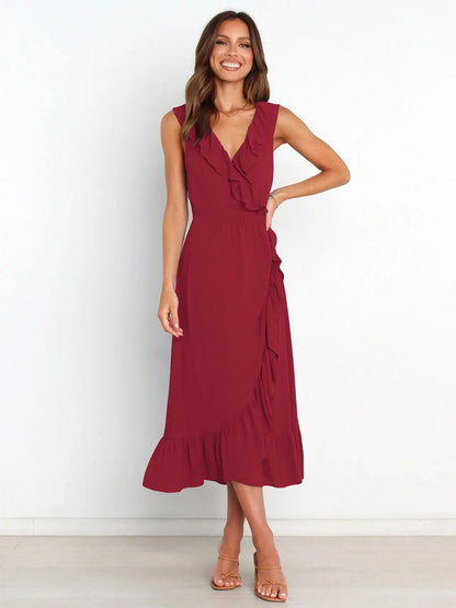 Ruffle Trim V-Neck Wrap Style Tiered Ruffle Hem Midi Dress