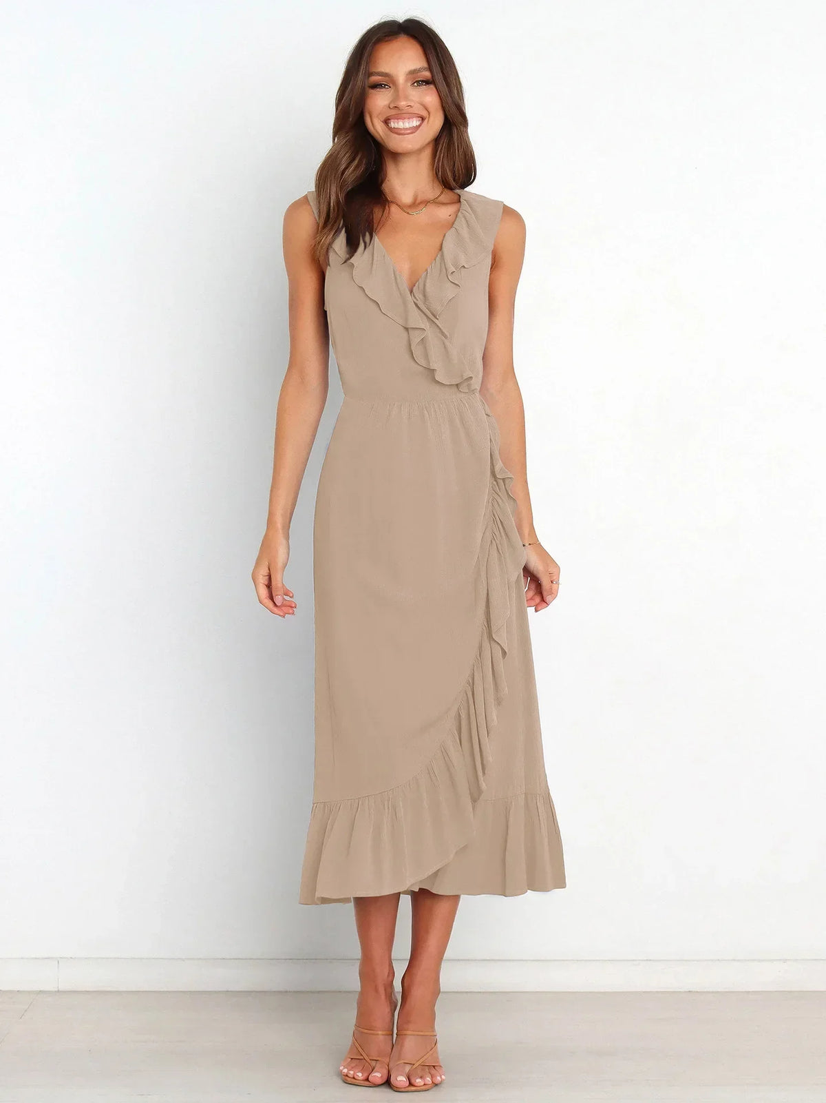 Ruffle Trim V-Neck Wrap Style Tiered Ruffle Hem Midi Dress