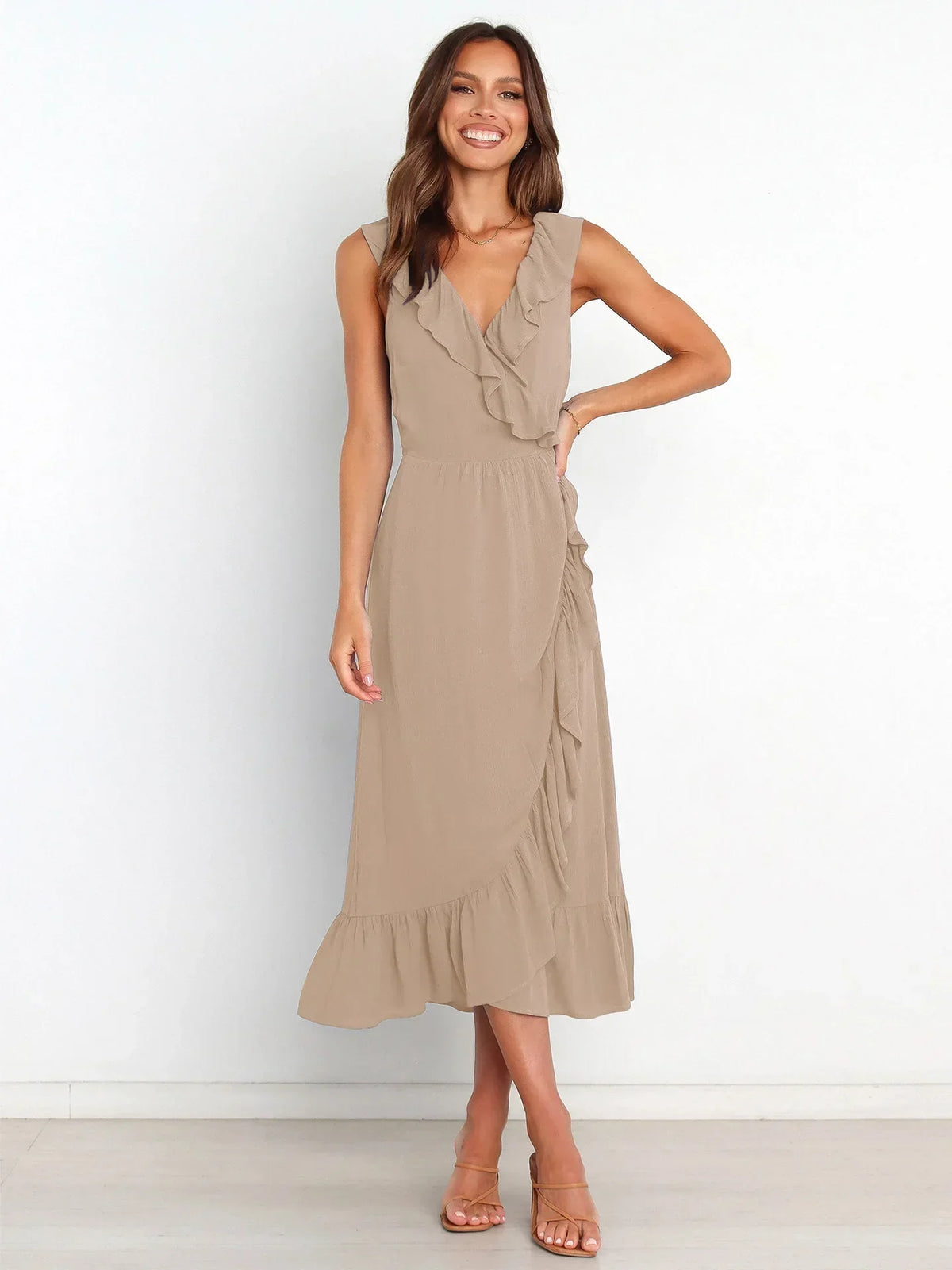 Ruffle Trim V-Neck Wrap Style Tiered Ruffle Hem Midi Dress