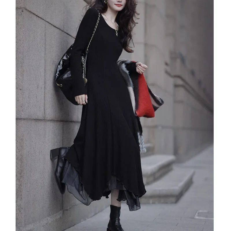 Rib Knit Round Neck Long Sleeve Tiered Handkerchief Hem Maxi Dress