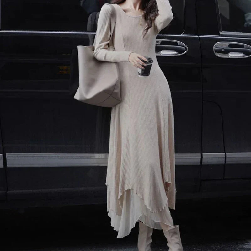 Rib Knit Round Neck Long Sleeve Tiered Handkerchief Hem Maxi Dress