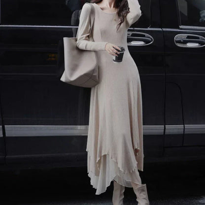 Rib Knit Round Neck Long Sleeve Tiered Handkerchief Hem Maxi Dress