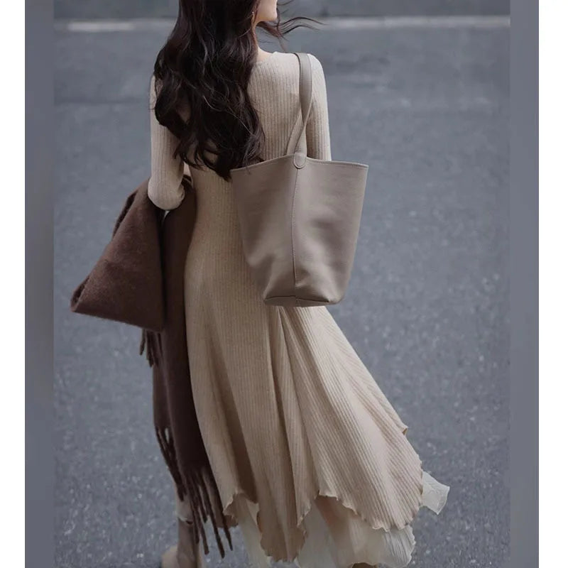 Rib Knit Round Neck Long Sleeve Tiered Handkerchief Hem Maxi Dress