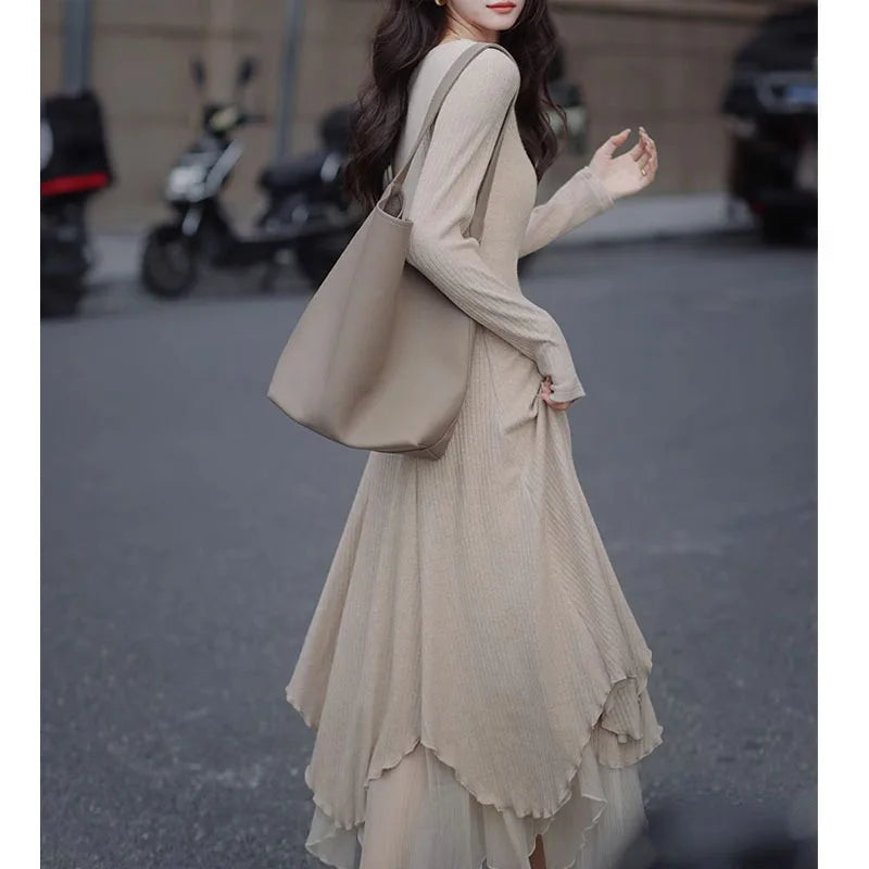 Rib Knit Round Neck Long Sleeve Tiered Handkerchief Hem Maxi Dress
