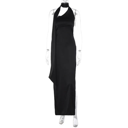 Satin Halter Choker Scarf Drape High Split Maxi Gown