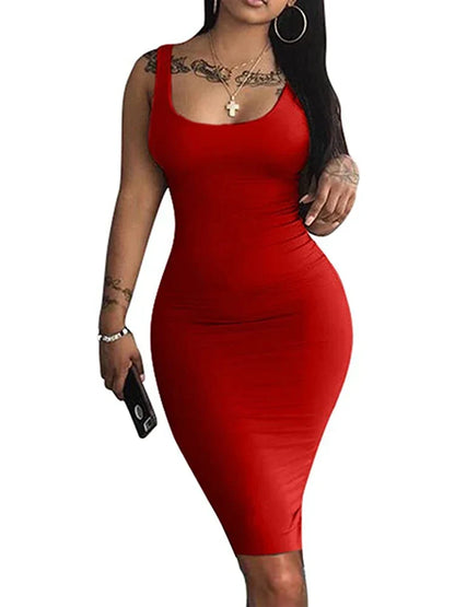Deep Scoop Neck Wide Strap Tank Ruched Hip Bodycon Midi Dress