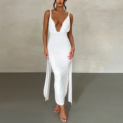 Deep V-Neck Spaghetti Strap Ruched Bodice Side Streamer High Slit Maxi Dress