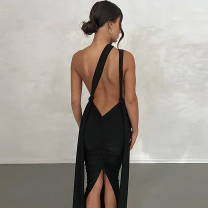 Deep V-Neck Spaghetti Strap Ruched Bodice Side Streamer High Slit Maxi Dress