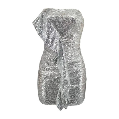 Strapless Sequin Ruched Front Cascade Ruffle Bodycon Mini Dress
