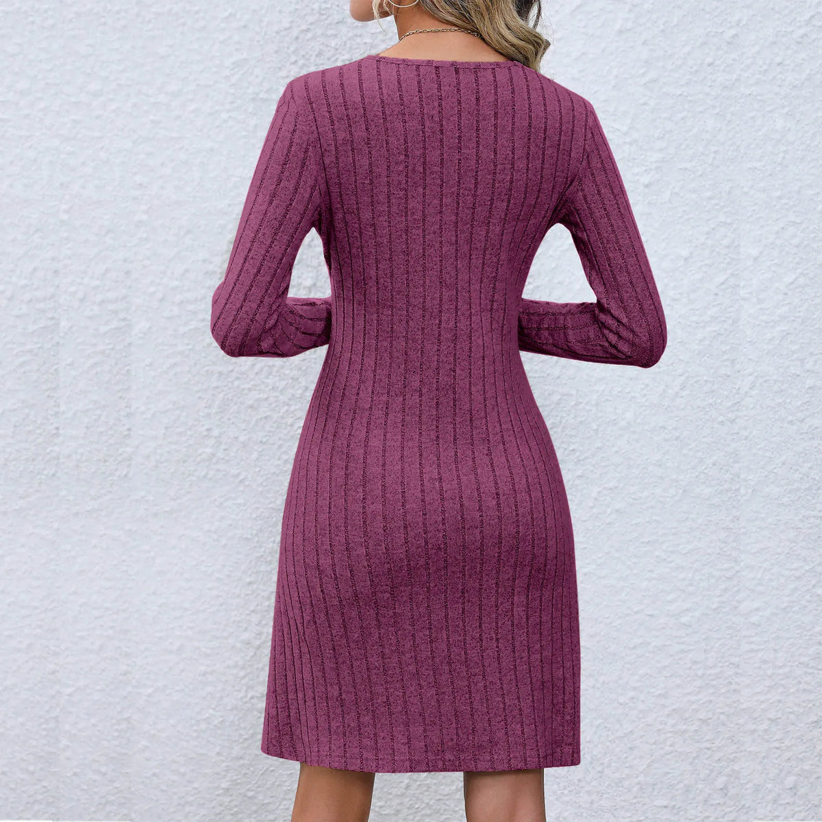 Rib Knit V Neck Button Front Long Sleeve A Line Mini Dress