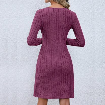 Rib Knit V Neck Button Front Long Sleeve A Line Mini Dress