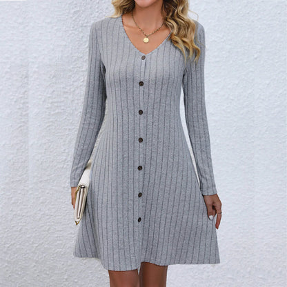 Rib Knit V Neck Button Front Long Sleeve A Line Mini Dress