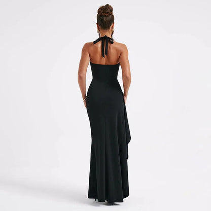 Halter Neck Deep V Neck High Split Train Maxi Dress