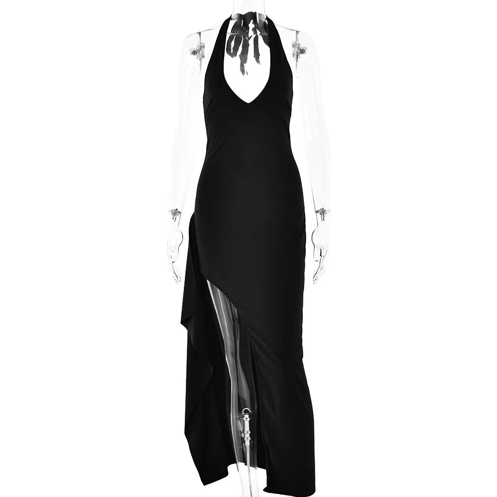 Halter Neck Deep V Neck High Split Train Maxi Dress