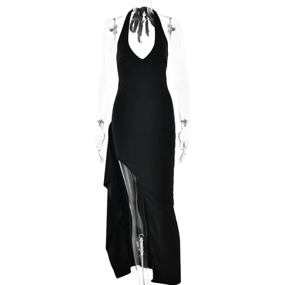 Halter Neck Deep V Neck High Split Train Maxi Dress
