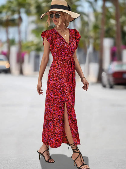 Abstract Print Flutter Sleeve V-Neck Wrap Tie Waist High Slit Maxi Dress