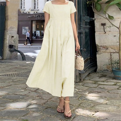 Square Neck Cap Sleeve Pintuck Pleated Empire Waist A-Line Maxi Dress