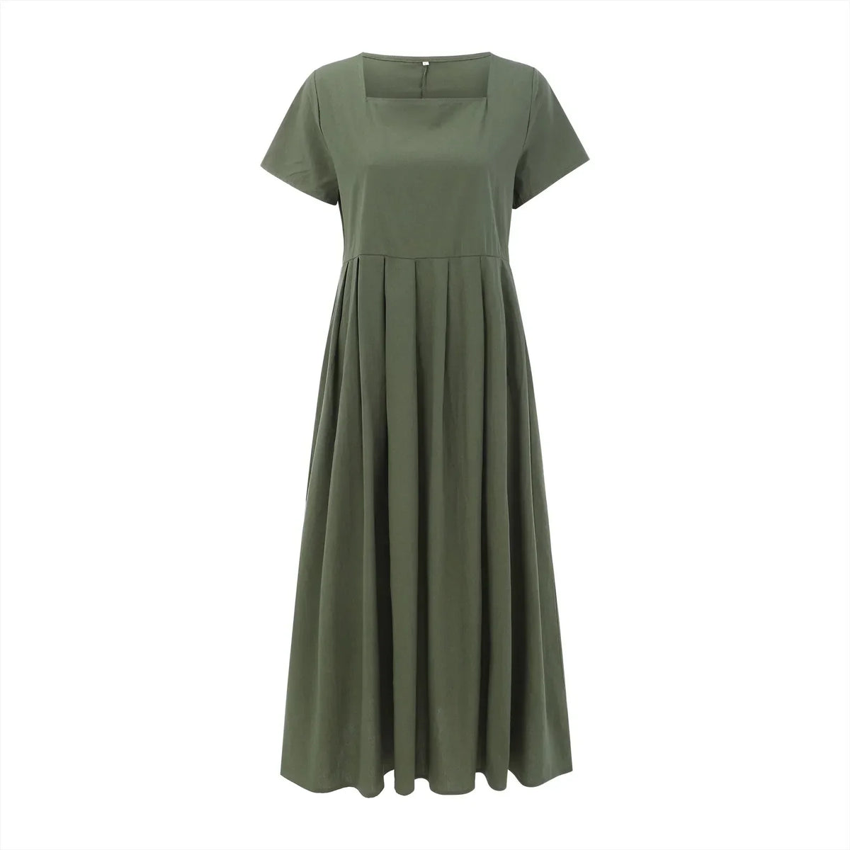 Square Neck Cap Sleeve Pintuck Pleated Empire Waist A-Line Maxi Dress