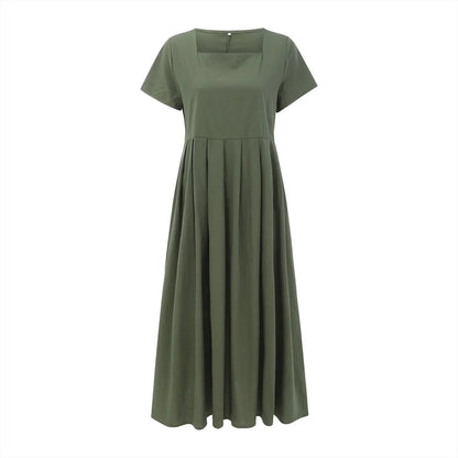 Square Neck Cap Sleeve Pintuck Pleated Empire Waist A-Line Maxi Dress