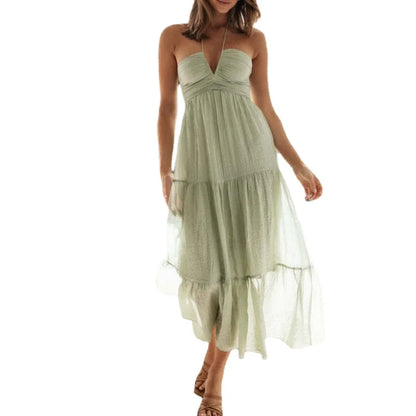 Floral Print Halter Deep V-Neck Empire Waist Tiered Maxi Dress