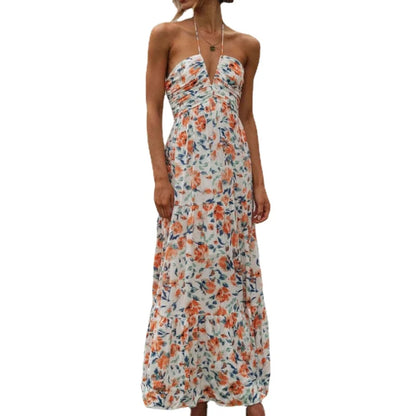 Floral Print Halter Deep V-Neck Empire Waist Tiered Maxi Dress