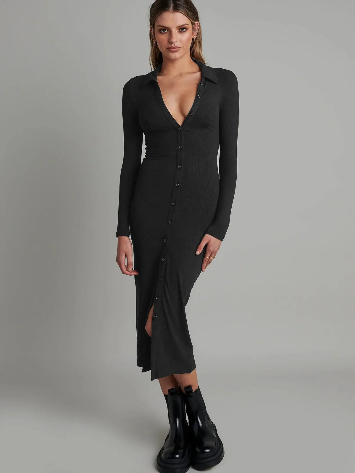 Tight Bag Hip Button-up Ribbed Slim Midi Dresses