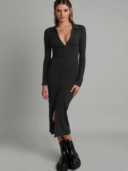 Tight Bag Hip Button-up Ribbed Slim Midi Dresses