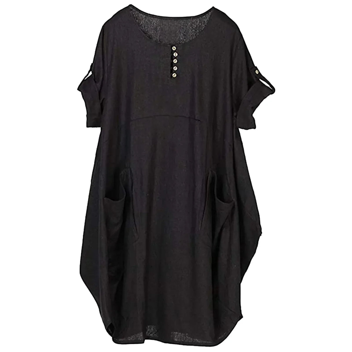 Round Neck Button Placket Patch Pocket Relaxed Fit Midi T-Shirt Dress