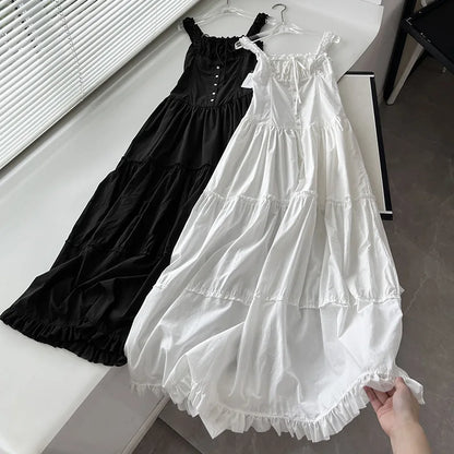 Square Neck Button Front Tiered Milkmaid Maxi Dress