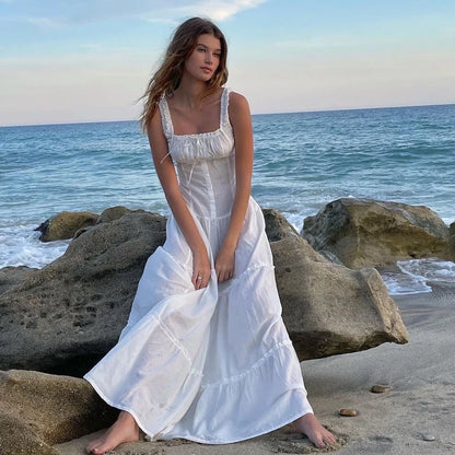 Square Neck Button Front Tiered Milkmaid Maxi Dress