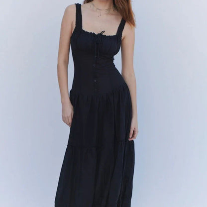 Square Neck Button Front Tiered Milkmaid Maxi Dress