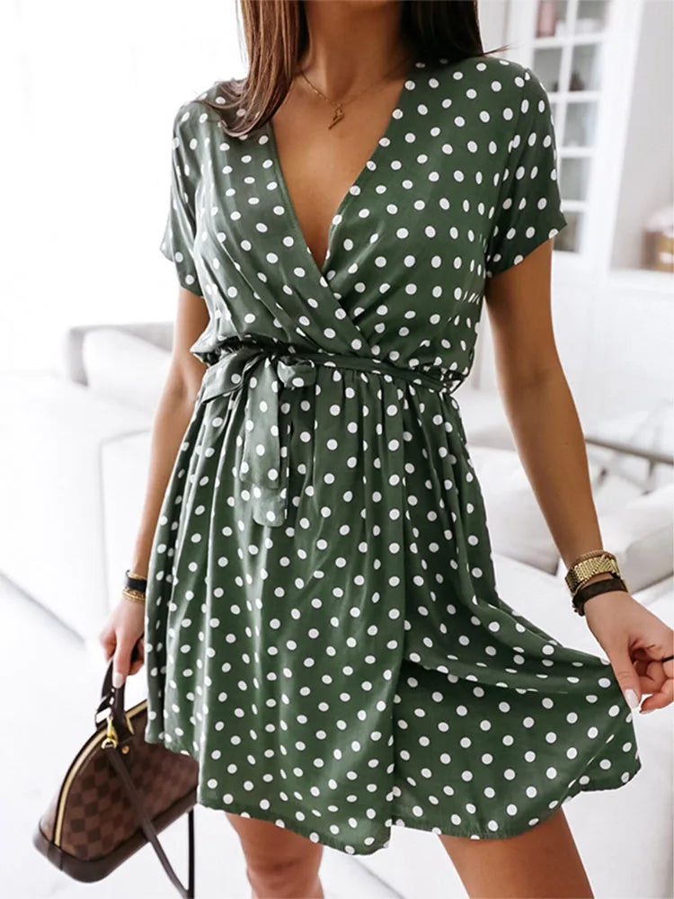 Polka Dot Wrap Front Tie Waist Short Sleeve Mini Dress
