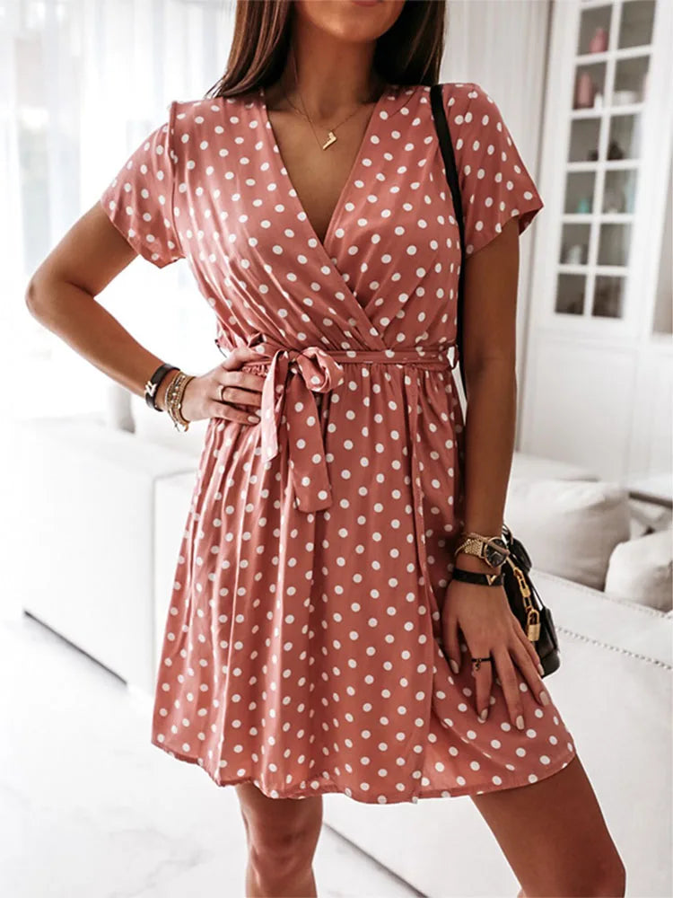 Polka Dot Wrap Front Tie Waist Short Sleeve Mini Dress