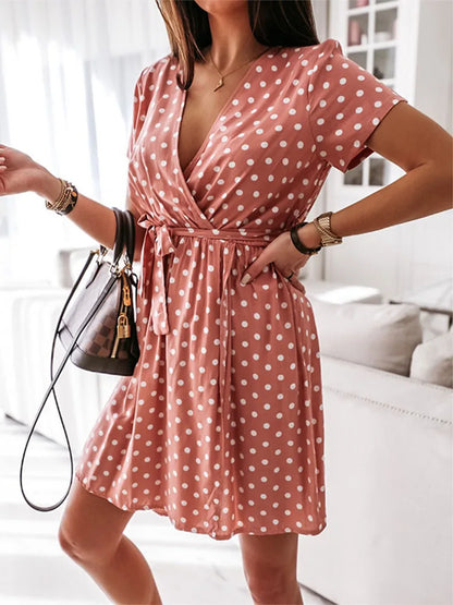 Polka Dot Wrap Front Tie Waist Short Sleeve Mini Dress