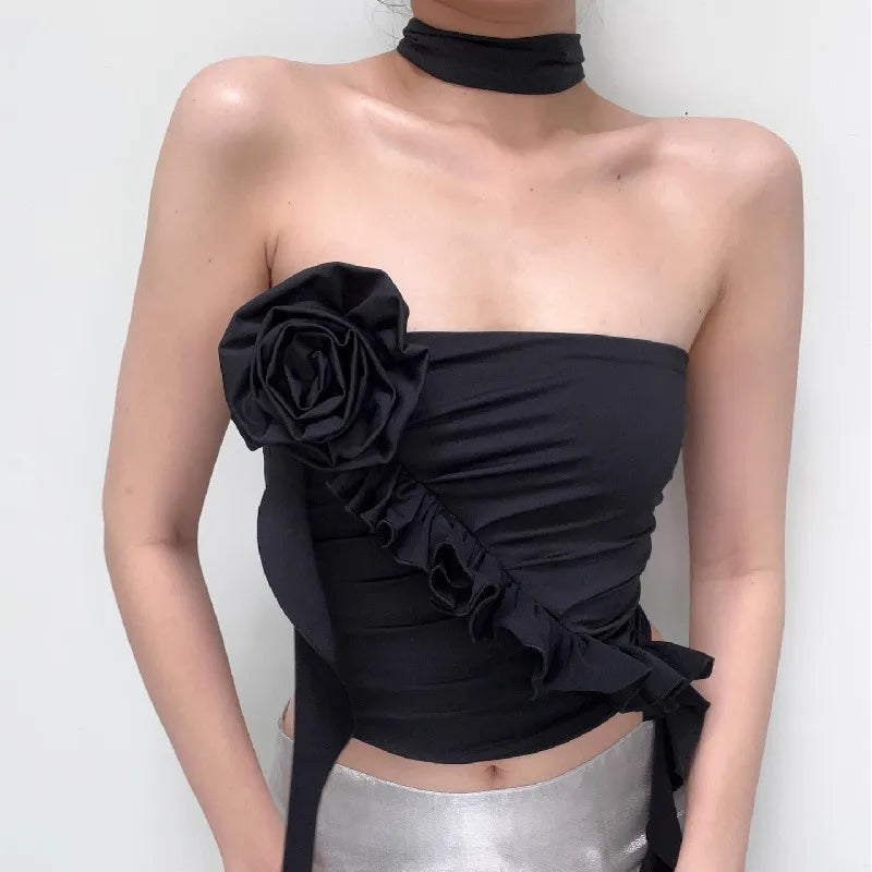Gothic Backless Aesthetic Flower Ruffles Off Shoulder Crop Top