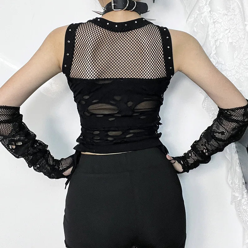 Gothic Trendy Fishnet Backless Steampunk Rave Party Crop Top