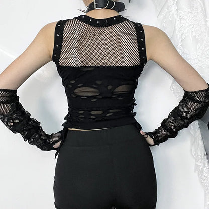 Gothic Trendy Fishnet Backless Steampunk Rave Party Crop Top