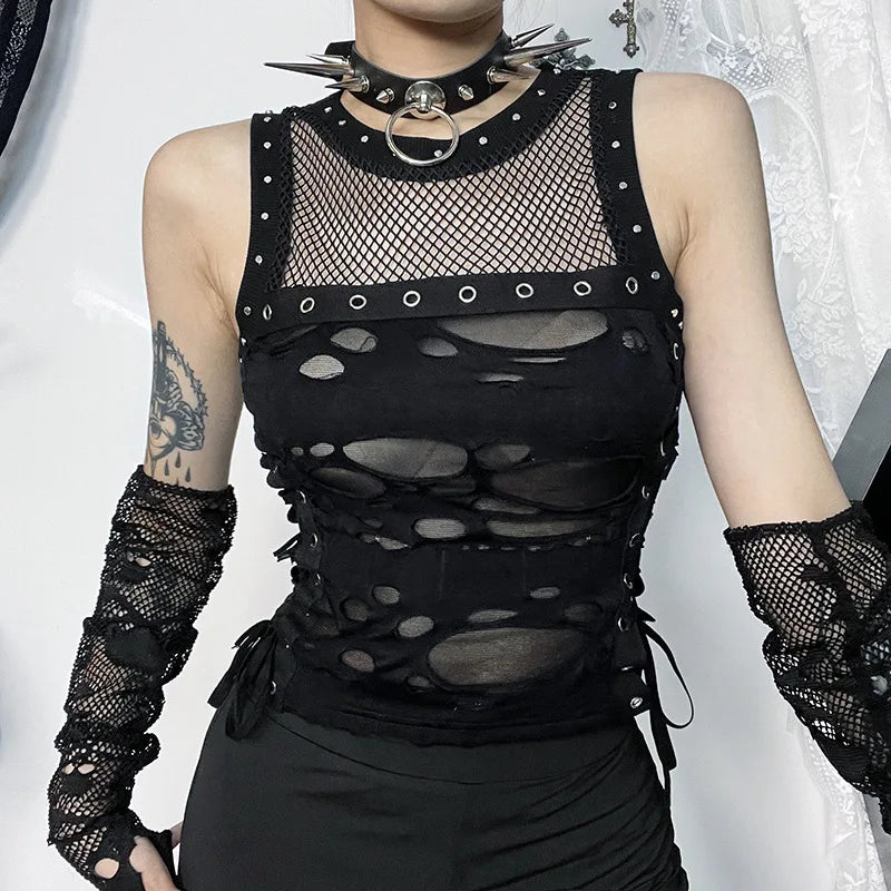 Gothic Trendy Fishnet Backless Steampunk Rave Party Crop Top