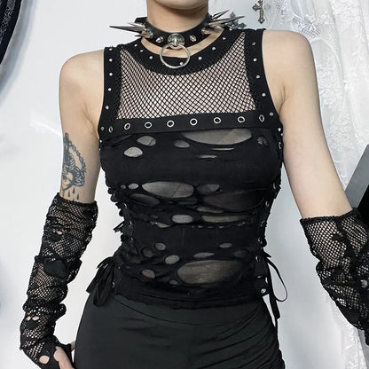 Gothic Trendy Fishnet Backless Steampunk Rave Party Crop Top