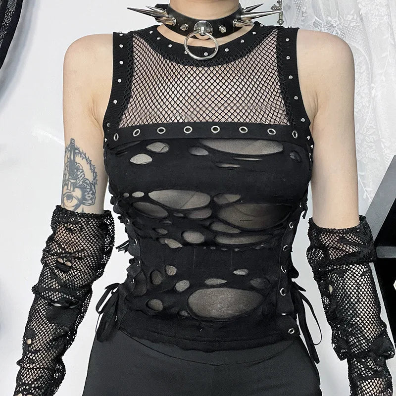 Gothic Trendy Fishnet Backless Steampunk Rave Party Crop Top