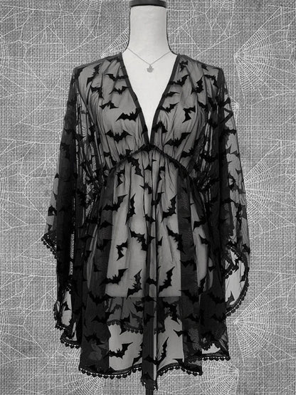 Bat Print Sheer Chiffon Wing Detail V-Neck Loose Mini Dress